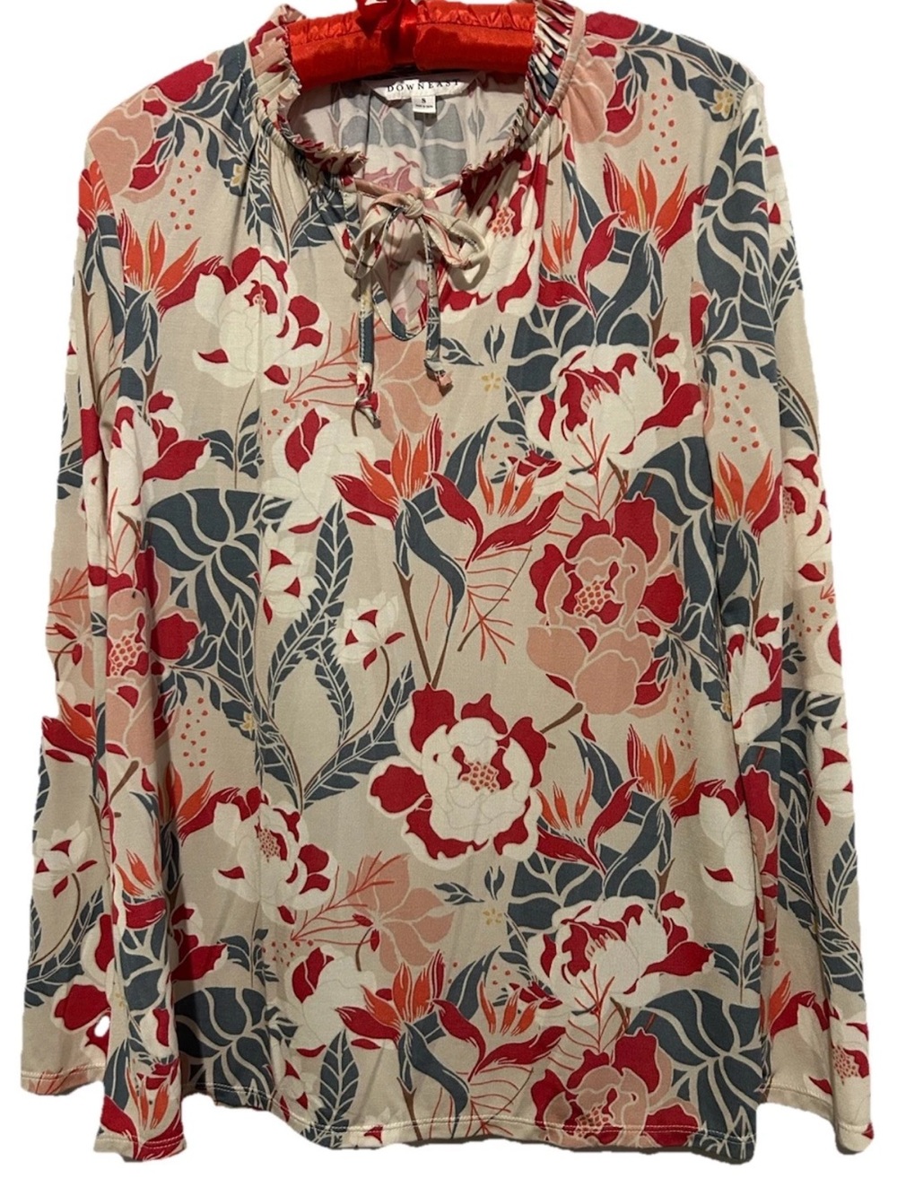 Downeast Top S Boho Floral Cottagecore Tencel Tie Neck Coquette Shirt Blouse